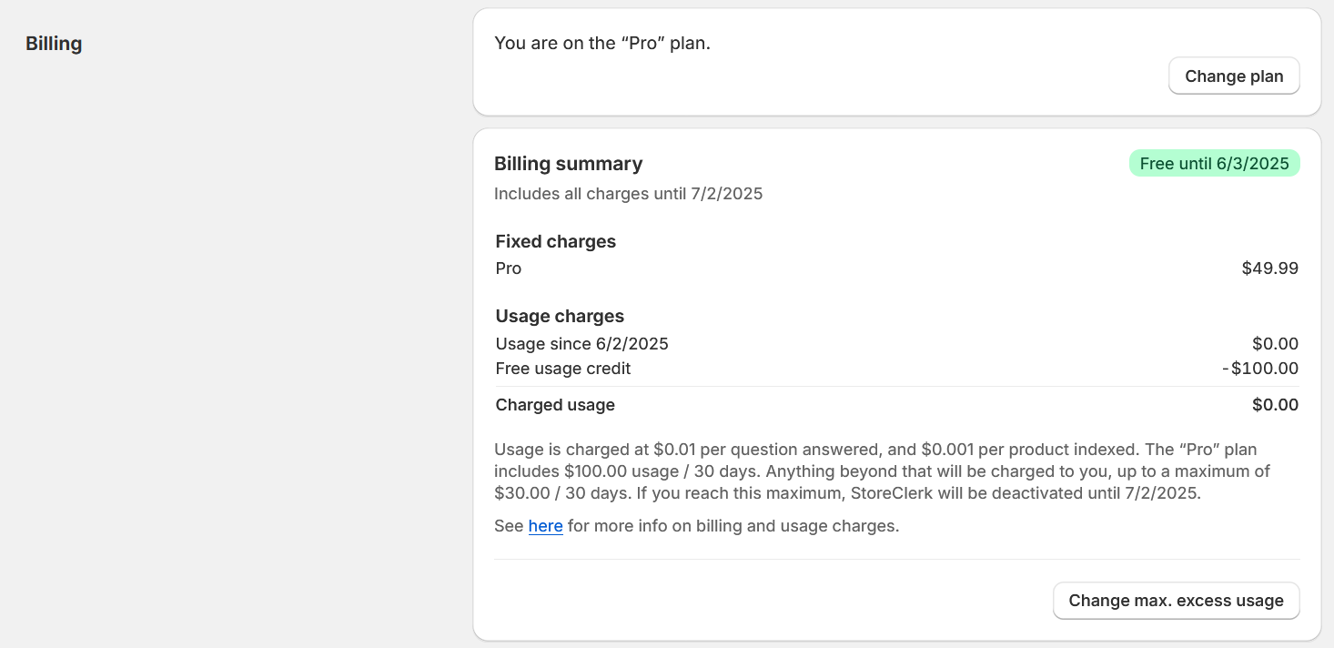 StoreClerk billing overview showing plan details